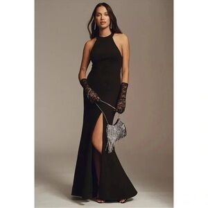 NWT Anthropologie BHLDN Juliana High Neck Halter Slit Stretch Maxi Dress Black